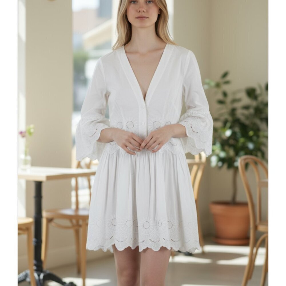 Alberta Ferretti White Floral Lace Cotton Button Bell Sleeve Fit Flare Dress 6